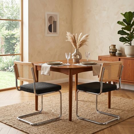 Lot de 2 Chaises Moyen Siècle – Velours et Cannage Doré – Dossier en rotin naturel, piètement chromé, pour salle à manger - Noir (1/5)