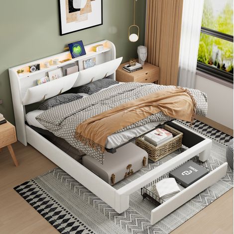 Letto matrimoniale contenitore 160x200 cm beige bianco in legno massello e MDF con LED e USB (1/5)