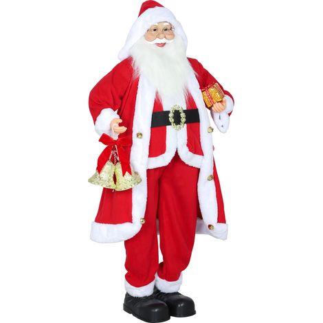 Père Noël debout 1,15 m avec cadeau et cloche de Noël, décoration intérieure, rouge (1/5)