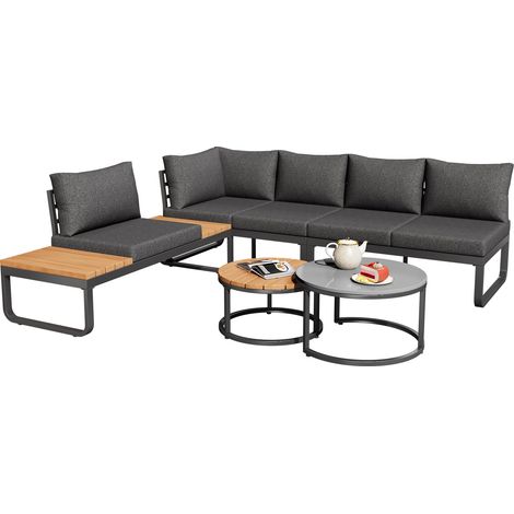 Mobilier de jardin (4-5 places), 2 tables basses empilables, cadre en fer galvanisé, mobilier de jardin confortable, coussins et assises gris inclus, pieds réglables (1/5)