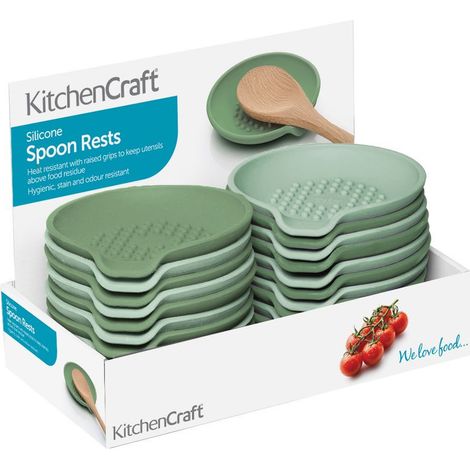Kitchencraft silicone spoon rests with raised grips, stain, odour and heat resistant, light and dark green, display of 24