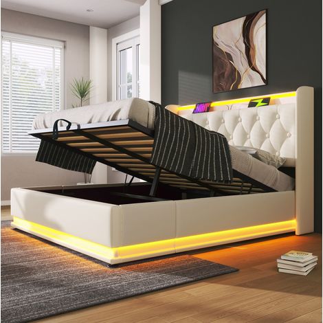 Letto matrimoniale imbottito classico 160x200 cm in PU bianco con testiera trapuntata, LED 360°, vano contenitore idraulico e USB-C (1/5)
