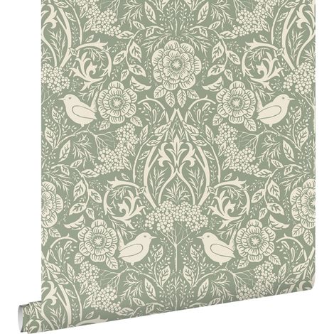 papier peint fleurs et oiseaux de style art nouveau vert turquoise grisé - ESTAhome