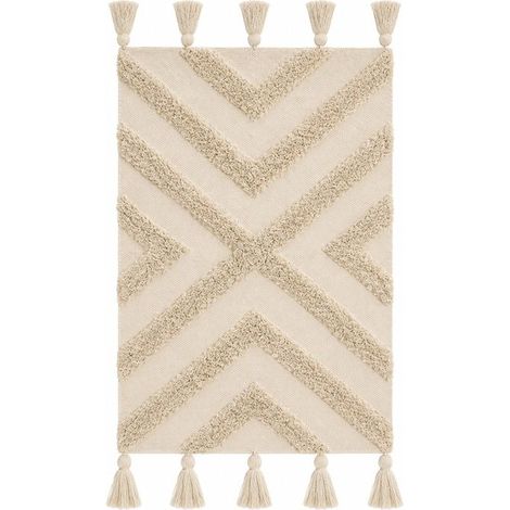 Tapis de Sol Rectangulaire en Coton Naturel à Franges - Longueur 80 x Largeur 50 cm (1/3)