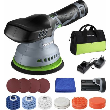 – Polisseuse excentrique sans fil 12V 150mm – 2 batteries 2.0Ah – Vitesse variable 2800-5500 tr/min – Charge rapide 1h – Pour surfaces peintes (1/5)