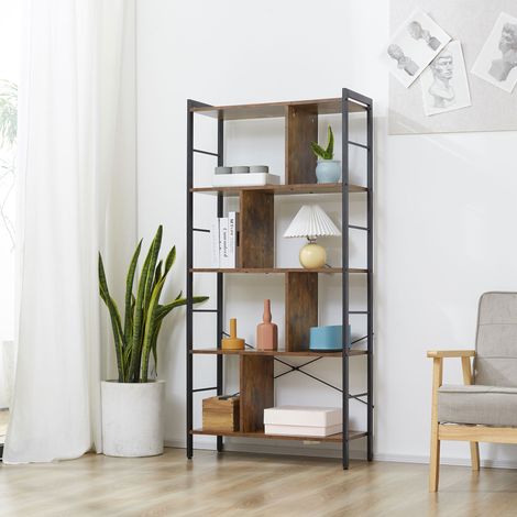 Étagère bibliothèque 5 niveaux ouverts, brun rustique/noir, meuble de rangement pour salon/bureau, 74x30x157,5cm