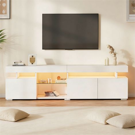Meuble TV brillant 180x35x45cm, finition laquée brillante, LED App, 3 portes, étagères en verre trempé réglables, compatible 80 pouces, blanc (1/5)