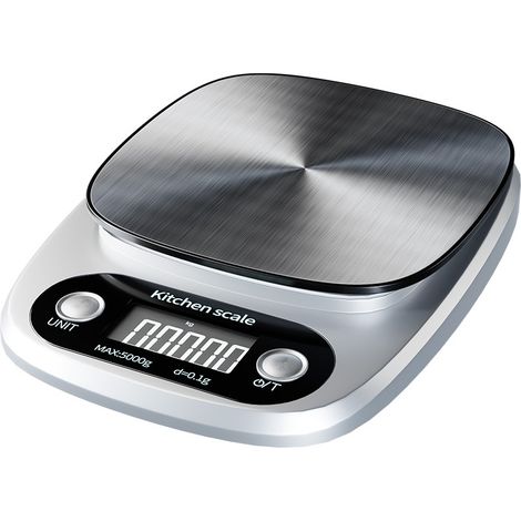 Sollbry Báscula digital de cocina, 3 kg/0,1 g, eléctrica, pequeña, de acero inoxidable, mini, inteligente, resistente al agua, con pantalla LCD, precisión de gramos (plateada). (1/5)