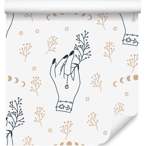 Papel pintado Manos Místicas, blanco y gris claro, para salón y dormitorio, 50x1000 (1/5)