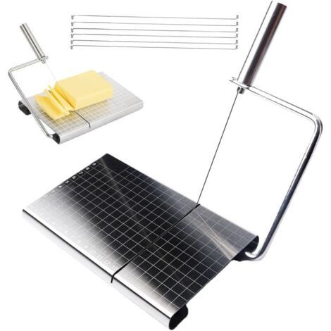 Coupe-fromage interchangeable avec fil de fer - Trancheuse à fromage en acier inoxydable avec planche et grille de mesure - Coupe-fromage avec graduation - Avec 6 fils extra solides pour