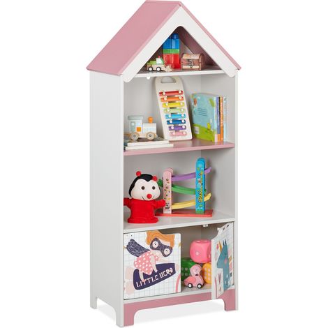 Relaxdays Scaffale Portagiochi, Motivo Super Woman, Cameretta Bambini, con 4 Scomparti e Ante, 93x63x28 cm, Bianco Rosa (1/5)