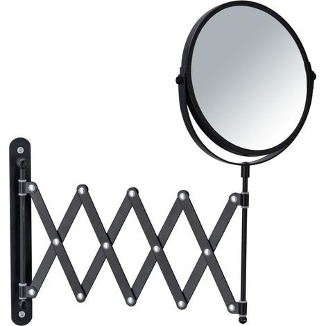 Black wall-mounted cosmetic mirror with telescopic arm. Black telescopic wall mirror with 3x magnification. (1/4)