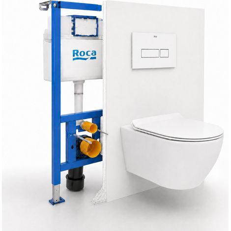 Pack WC suspendu complet avec bâti-support Roca, cuvette sans bride, abattant SoftClose, plaque blanche (ROCEWT01-FR) (1/5)
