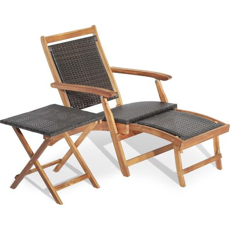 Chaise longue da giardino con poggiapiedi retrattile e tavolino pieghevole 135 x 61 x 81 cm design moderno in rattan marrone 200021009