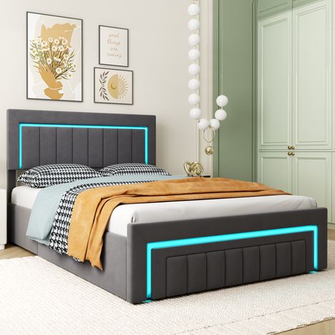 Cama tapizada 140x200 cm, Tejido velour, Almacenamiento hidráulico y luz LED, Base de listones incluida, Gris (1/5)