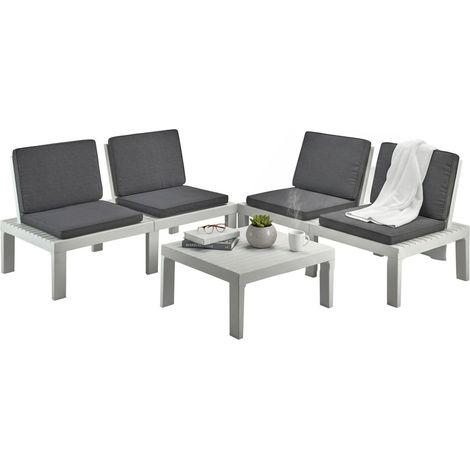 Set salotto da esterno Ermes, Composizione da giardino con 4 sedute con schienale ed 1 modulo multifunzione, Salottino con cuscini, 100% Made in Italy, Bianco