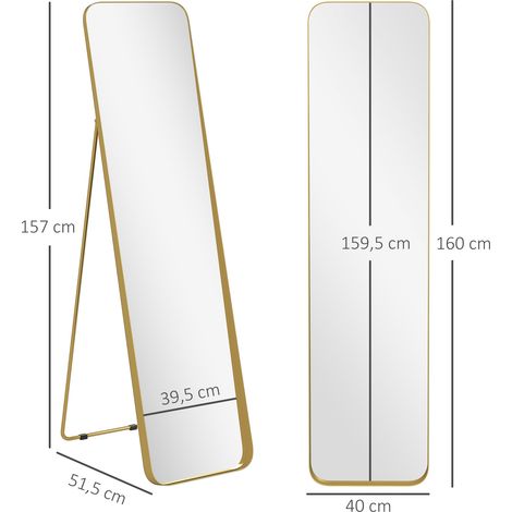 Miroir sur pied, inclinable, cadre en métal, MDF, 160 x 40 cm, couleur or (1/5)