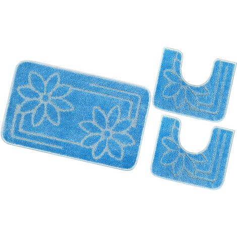 Tappeto Bagno Set 3 Pezzi Tinta Unita Antiscivolo Assorbente Scendietto 100% Made In Italy - Azzurro