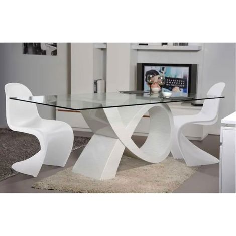 Ensemble table de repas 6 chaises PopArt – Plateau en verre trempé – Structure en MDF blanc – Design contemporain pour 6 personnes