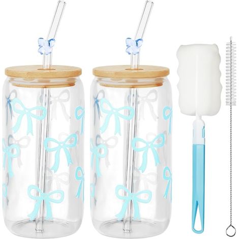 Glass Tumbler Glasses Cups with Lid and Straw for Water, Coffee, Cocktail, Soda Blue Bow (1/5)