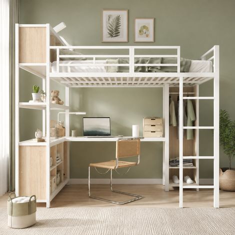 Cama alta 140x200 cm con almacenamiento de dos niveles bajo el escritorio, armario integrado, metal y madera blanco (1/5)