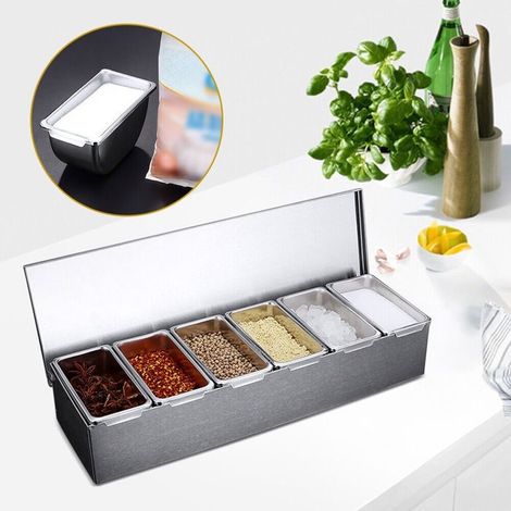(Argento) Contenitore per spezie in acciaio inox con 6 scomparti – barattolo per spezie – contenitore per ingredienti – scatola per spezie (1/5)