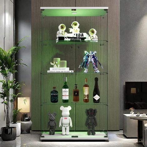 Glasvitrine mit LED, 4 Ebenen, 2 Türen, freistehend, weiß, 82x36x164cm (1/5)