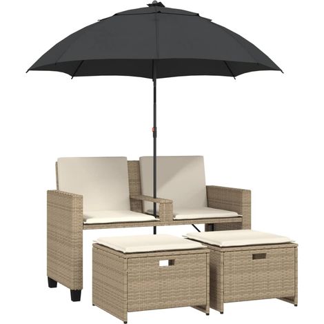 Maison Exclusive - Divano Giardino 2Posti Ombrellone e Sgabelli Beige Polyrattan
