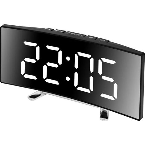 Sveglia digitale a LED curva, alimentata tramite USB, batteria, display della temperatura, funzione snooze, modalità notturna, silenziosa, moderna, da scrivania, bianca. (1/5)