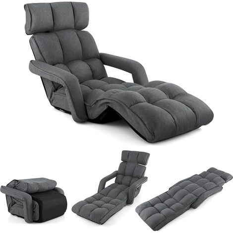 Fauteuil Convertible 1 Place Adulte avec Appui-tête, Dossier Réglable 6 Positions 16°-107°, Chauffeuse Convertible 196 x 72 x 19,5 cm, Gris Foncé (1/5)