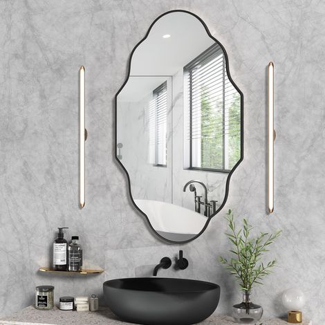 Specchio da bagno, specchio cosmetico decorativo, 66 x 116 cm, specchio da parete irregolare, vetro temperato, cornice in alluminio spazzolato - Nero