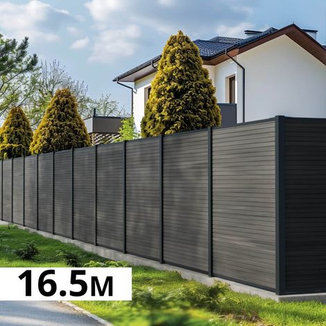 Kit Clôture Bois Composite Ardoise 16,5x1,8m SANTOS - Poteaux en Aluminium Gris - Brise Vue - Palissade