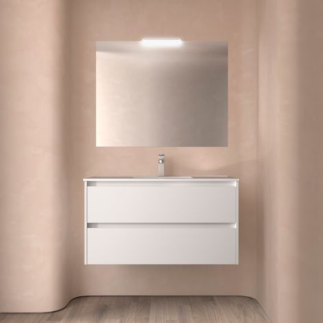 Badezimmermöbel NOJA 1000 2 Schubladen WHITE SATIN + Waschtisch + Spiegel