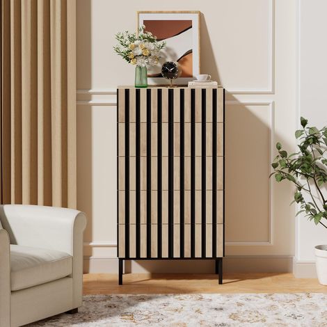UEV Cassettiera 5 Cassetti Strisce a Legno, Motivo a Doghe di Legno, Cassettiere Camera da Letto Solida e Stabile con Design Antiribaltamento, 60x34x110cm, Naturale e Nero