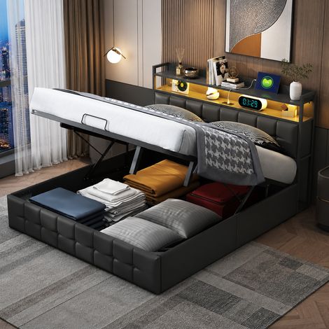 Lit coffre 160×200 cm,lumière LED et port USB,lit double capitonné,rangement hydraulique,cadre de lit 160×200,tête de lit avec rangement,style moderne,sommier à lattes,lit adulte,PU,​Noir (1/5)