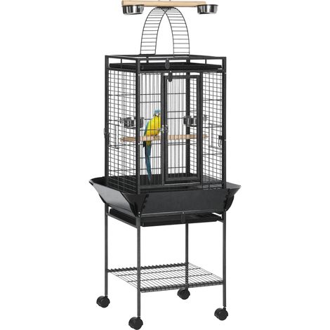 Cage pour perruche avec 2 perchoirs et échelle arquée, acier, 62,5 x 62,5 x 156 cm, grise