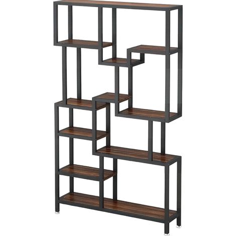 Libreria a pavimento moderna asimmetrica a 7 ripiani, nero e marrone rustico (1/5)