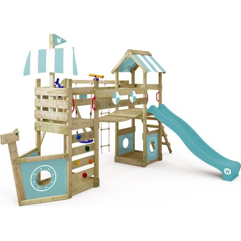 Juego de jardin de madera Wickey StormFlyer con Columpio y Areneros en azul cielo