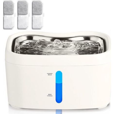 Fontaine à eau pour chat, 2,5 L, ultra silencieuse, avec éclairage LED, 3 filtres à charbon + 1 éponge, multi-filtration - Bac à eau en acier inoxydable (1/5)
