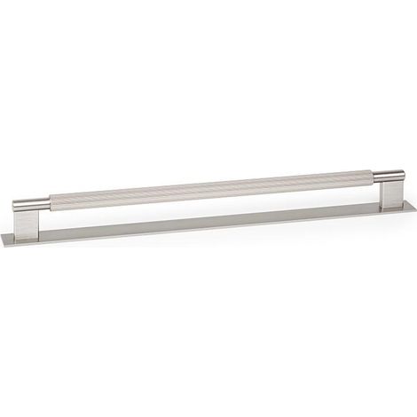 tirador aluminio modelo arpa plate con placa acabados disponibles efecto inox, negro cepillado y laton cepillado acabado efecto inox dist. agujero dist. 320mm.