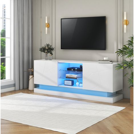 Mobile TV 160 cm bianco opaco, ripiano in vetro regolabile, 70 pollici, DESVIAE (1/5)