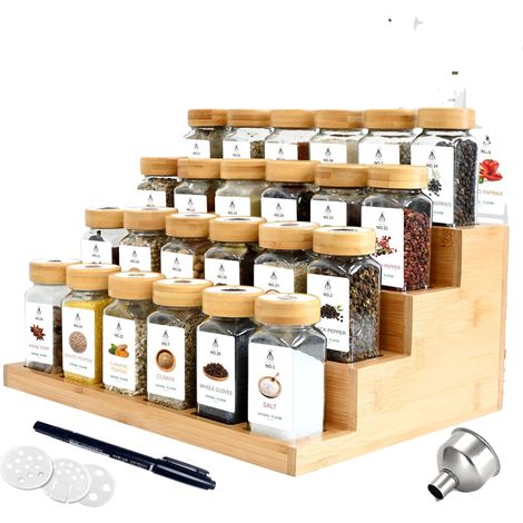 Juego de botes para especias, materiales ecológicos, incluye 24 botes, 24 botes de especias de bambú y madera. (1/2)