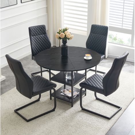 Juego de comedor para 4 personas (107x107x75 cm), con doble estante, sillas con rombos, MDF, metal y PU, negro (1/5)