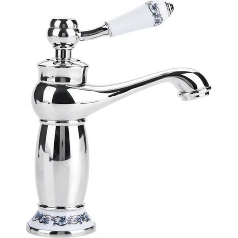 Mitigeur Lavabo Rétro Laiton Robinet Évier Céramique Porcelaine Bleu Blanc Long Cou Vintage Floral Eau Froide Chaude (1/4)