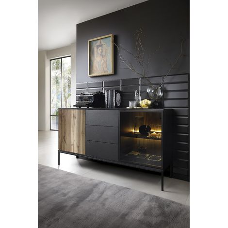 Azura Home Design – Buffet ODENSE 154 cm noir et chêne – 2 portes, 3 tiroirs – Verre trempé, éclairage LED – Design moderne et élégant (1/5)