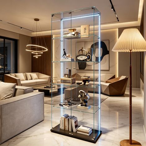 FOERPL-Vetrinetta in vetro con 5 ripiani a 2 ante, vetrinetta a colonna in vetro con LED e serratura, armadio moderno per lenti da collezione VetRine esposizione a colonna vetrina soggiorno