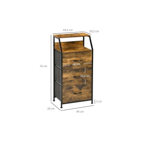 Commode en tissu marron rustique avec 3 tiroirs et structure en acier pour chambre salon et entrée (1/5)