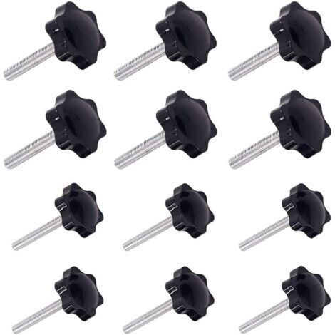 Jeu de 12 poignées de serrage M6 et M8 – Filetage mâle 32 mm et 38 mm – Plastique noir et métal – Pour équipements mécaniques (1/5)