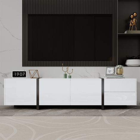Meuble bas TV blanc brillant avec pieds contrastants noirs, portes et tiroirs sobres au design minimaliste pour salon (1/4)