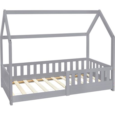 ML-Design Letto a Casetta per Bambini 80 x 160 cm Grigio, in Legno Massello, Struttura con Protezione Anticaduta, Tetto e Rete a Doghe, Lettino a Terra Montessori a Forma di Casa per Cameretta (1/5)